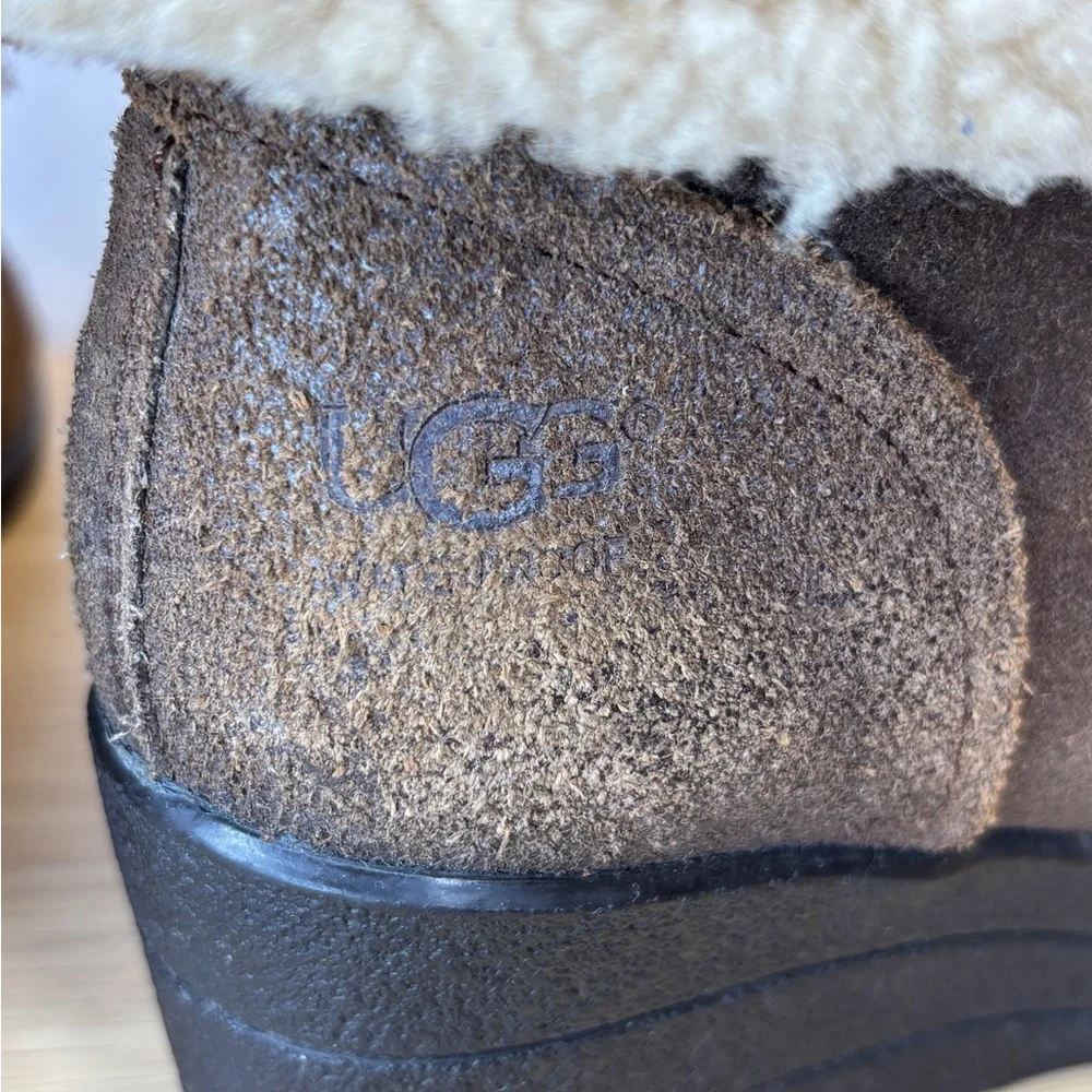 UGG Brown Suede Shearling‎ Fold Over Lace Up Wedge Ankle Boots Womens 8 1008146